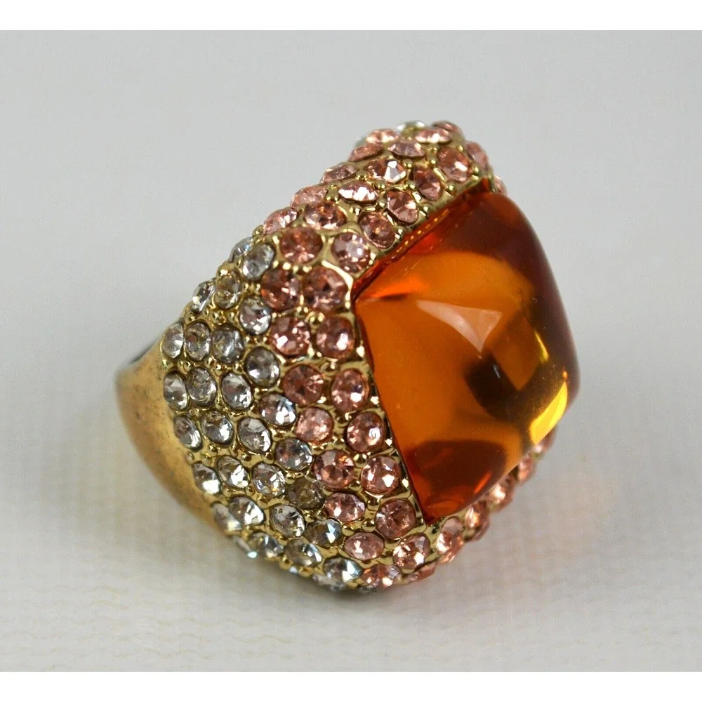 Gold Tone Ring with Yellow Glass Stone Surrounded‎ by Rhinestones Size 8